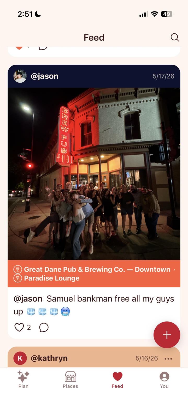 Friends feed showing a group photo at Great Dane Pub & Brewing