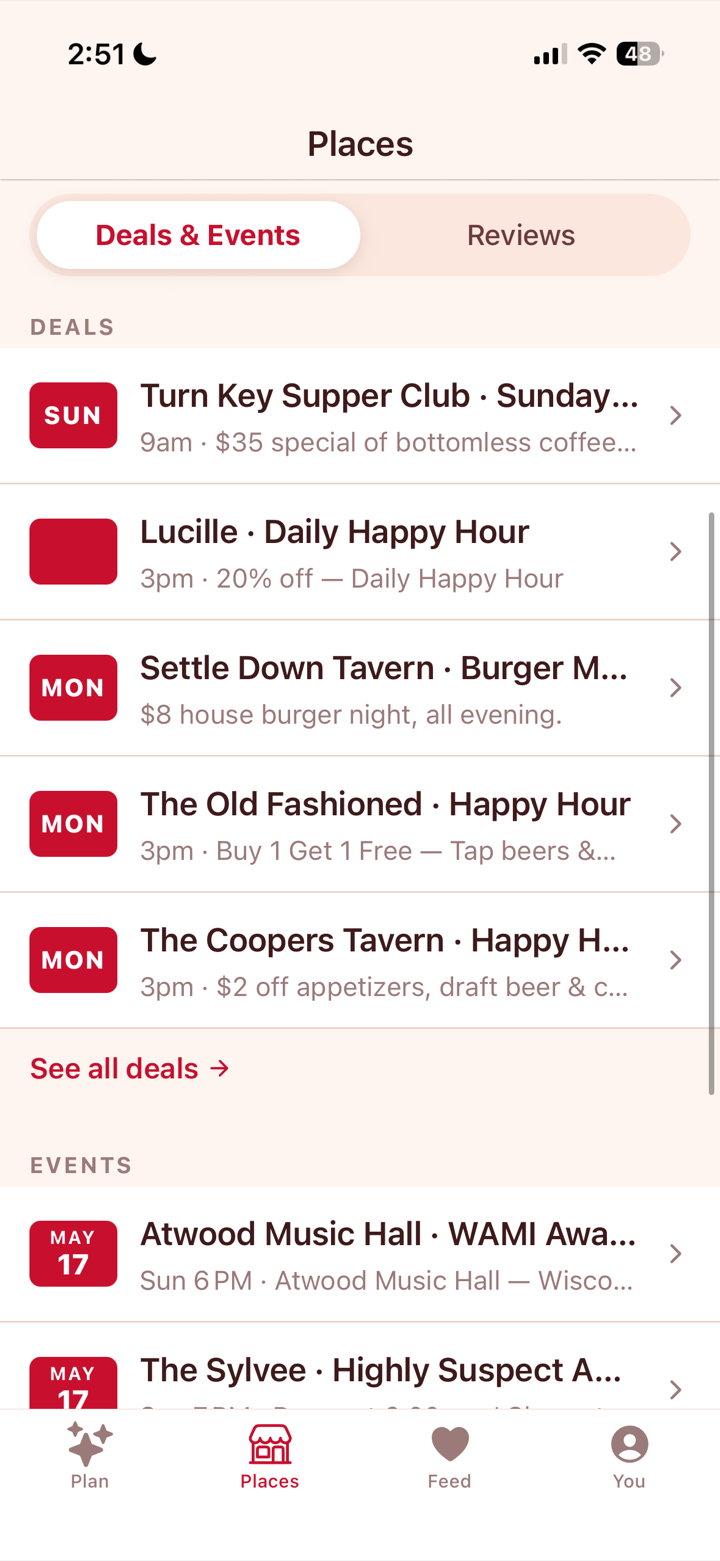 Places tab listing Madison deals and events